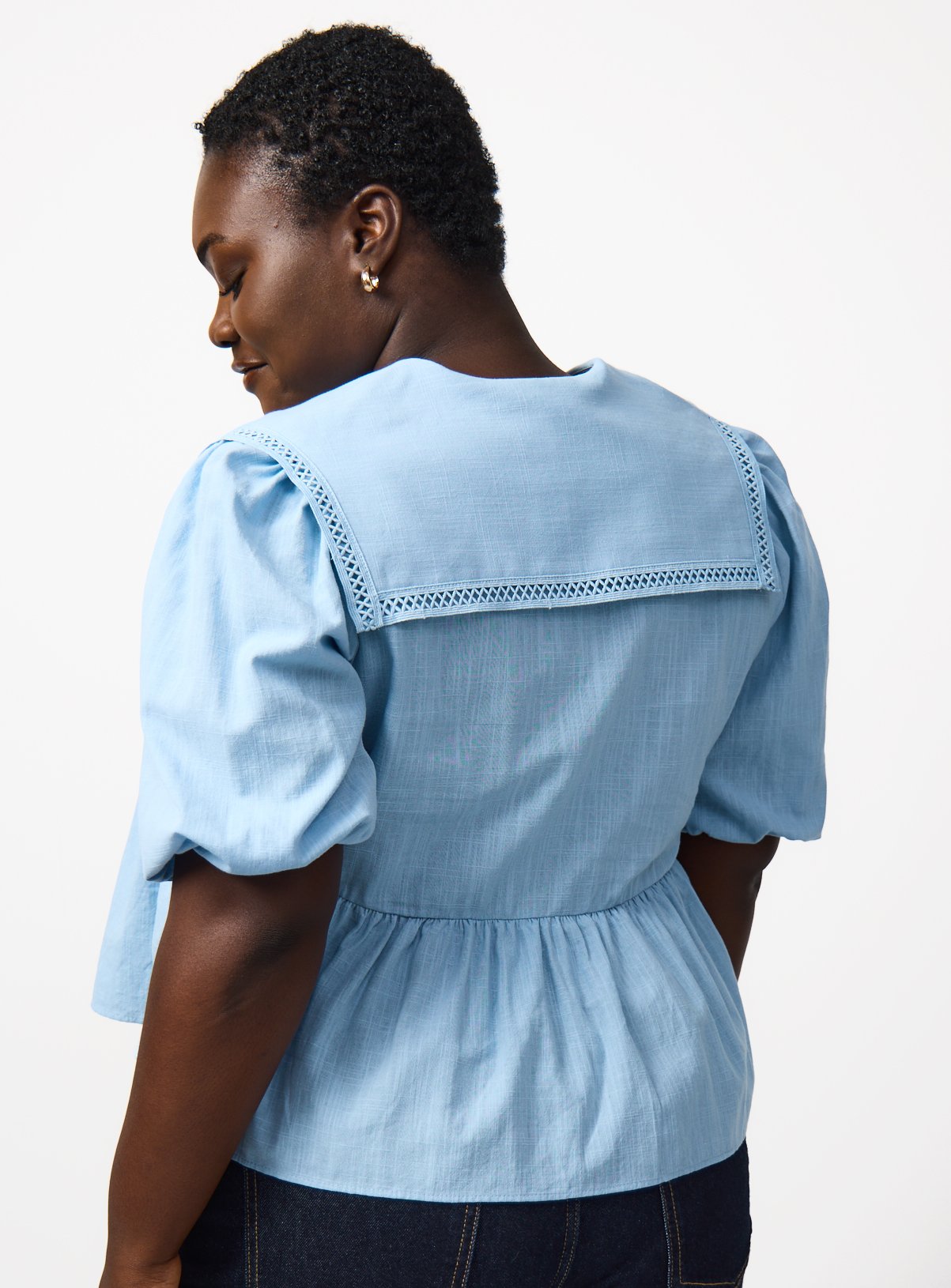 Blue Cotton Lace Trim Half Sleeve Blouse 22 - Image 4 thumbnail